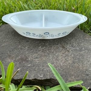 Pyrex Vintage (Milkglass) Blue Flowers Oval Divided Vegetable Bowl
